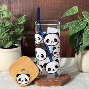 Cute Panda Glass Mug with Blue Straw